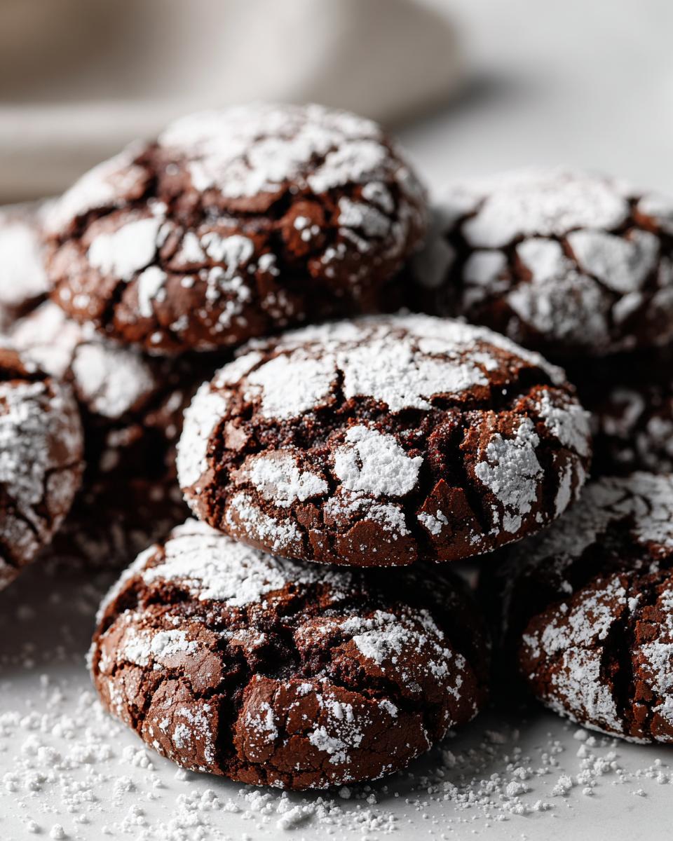 A close-up stack of rich, dark chocolate crinkle cookies heavily dusted with white powdered sugar.