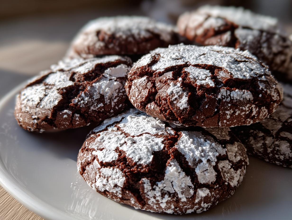 Close-up of several fudgy chocolate crinkle cookies dusted heavily with white powdered sugar.