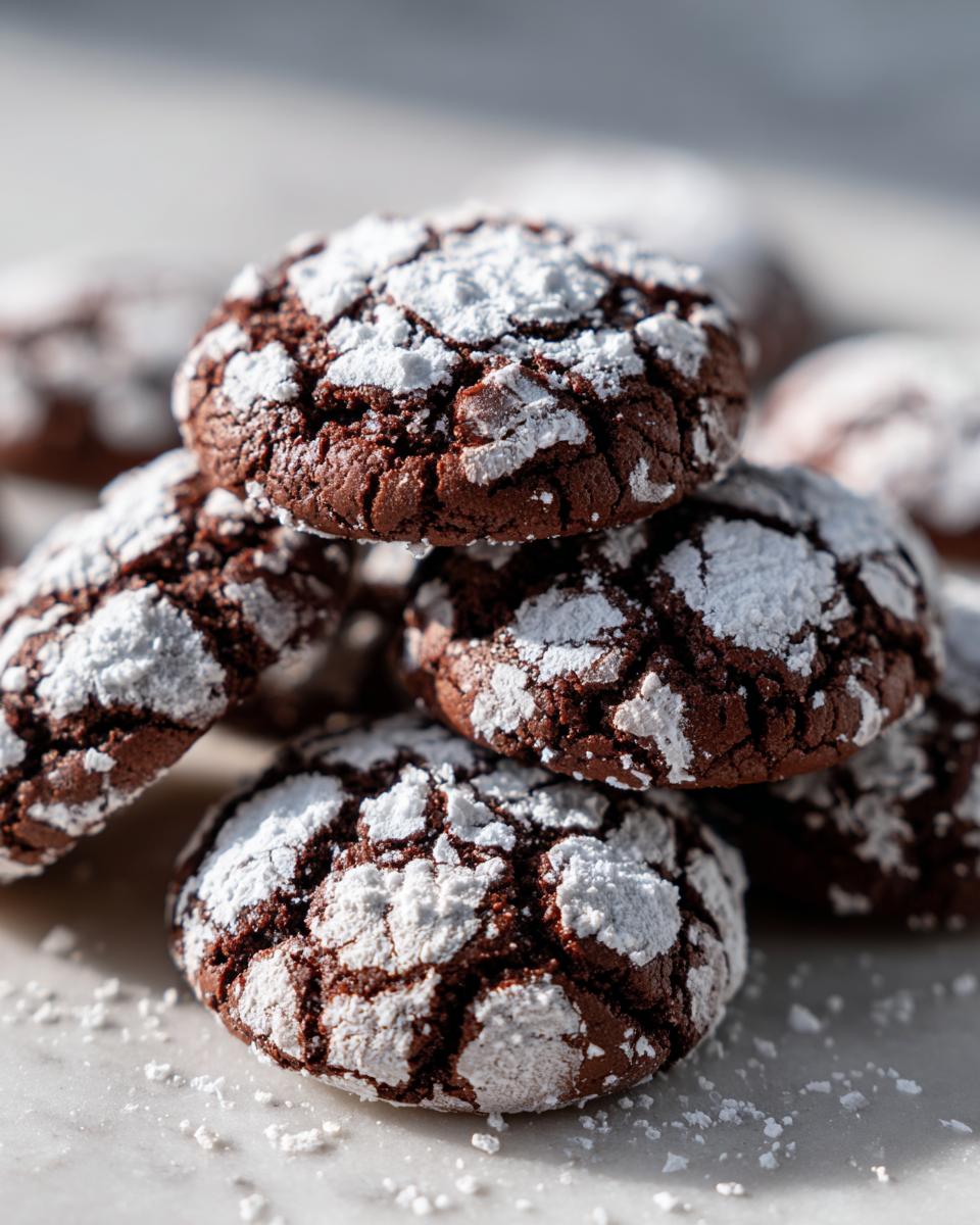 A close-up stack of rich, dark chocolate crinkle cookies generously coated in white powdered sugar.