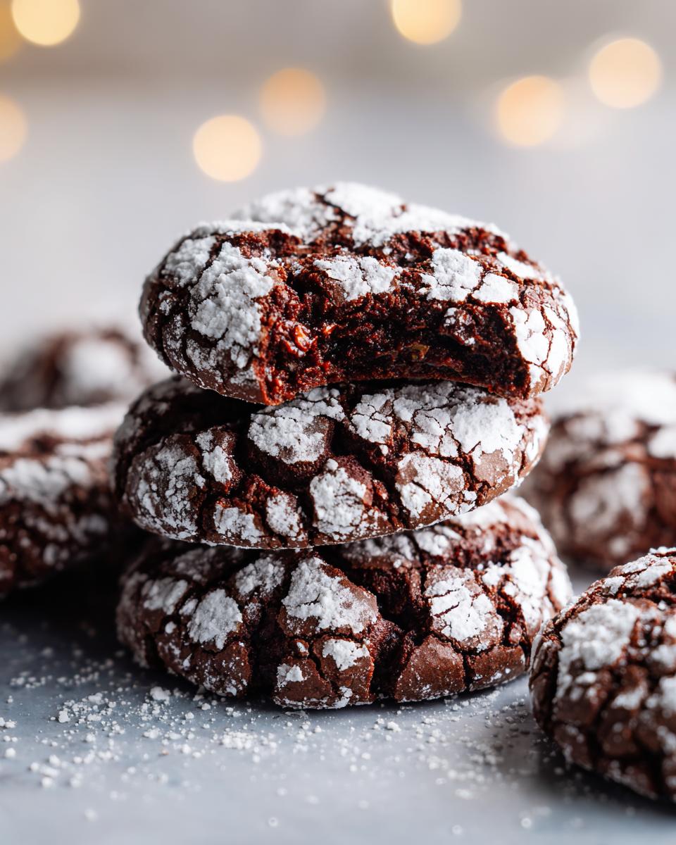 A stack of three fudgy chocolate crinkle cookies dusted heavily with powdered sugar, one cookie has a bite taken out.