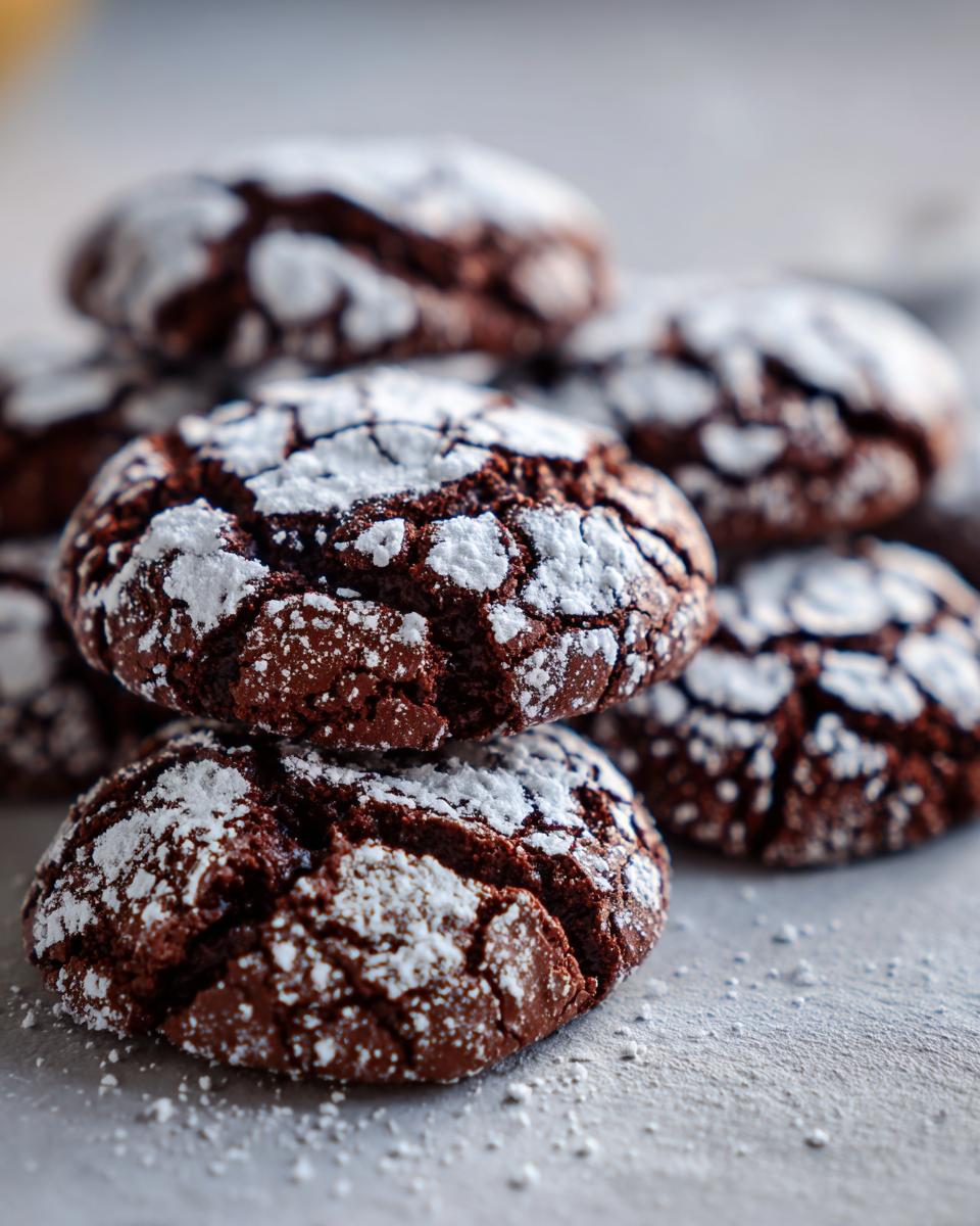 Close-up of fudgy chocolate crinkle cookies heavily dusted with powdered sugar, stacked on a light surface.