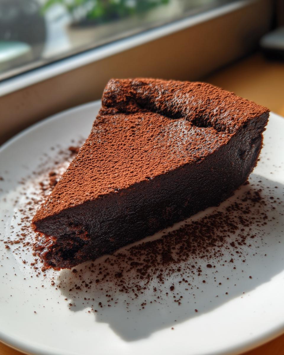 A rich, dark slice of flourless chocolate torte dusted heavily with cocoa powder, served on a white plate.