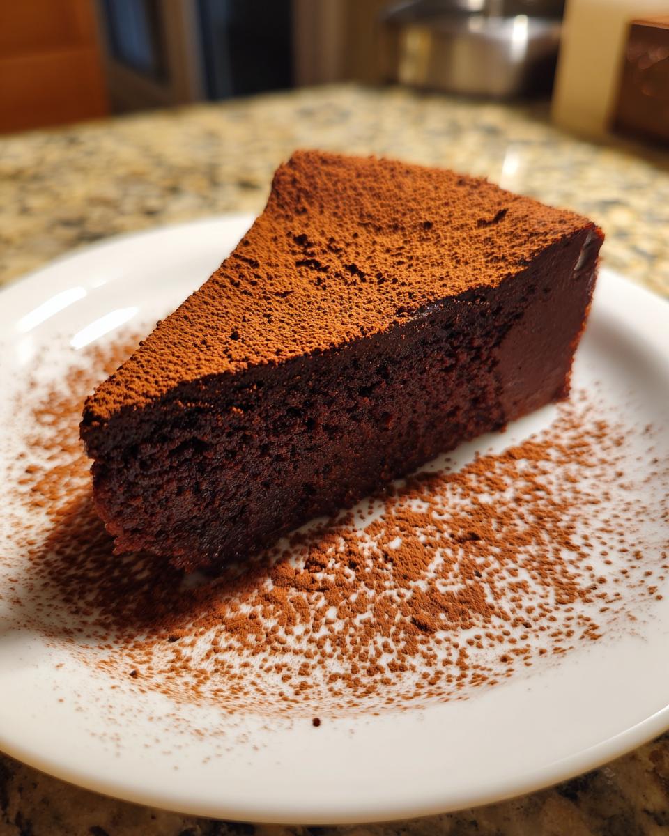 A rich, fudgy slice of flourless chocolate torte dusted heavily with cocoa powder on a white plate.