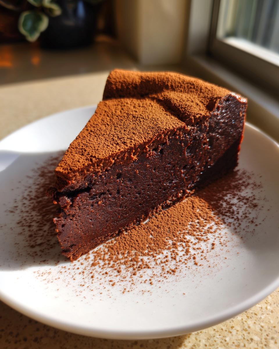 A rich, fudgy slice of flourless chocolate torte dusted heavily with cocoa powder, sitting on a white plate.