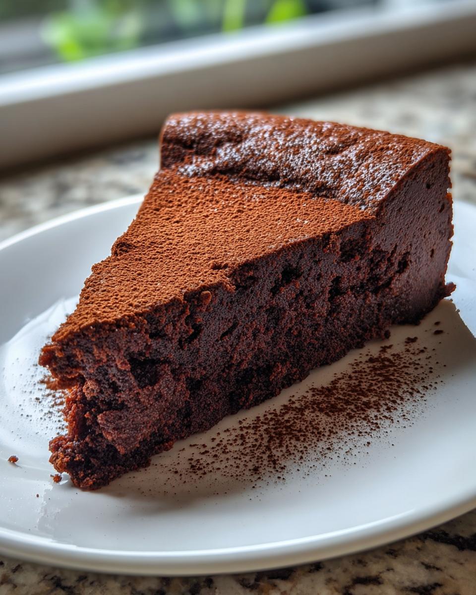 A rich, dark slice of flourless chocolate torte dusted heavily with cocoa powder, served on a white plate.
