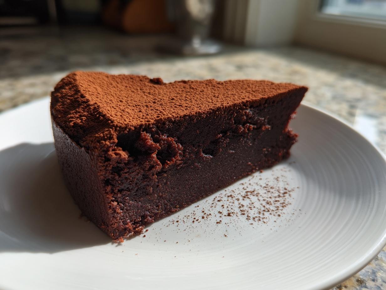 A rich, dark slice of flourless chocolate torte dusted with cocoa powder, sitting on a white plate.