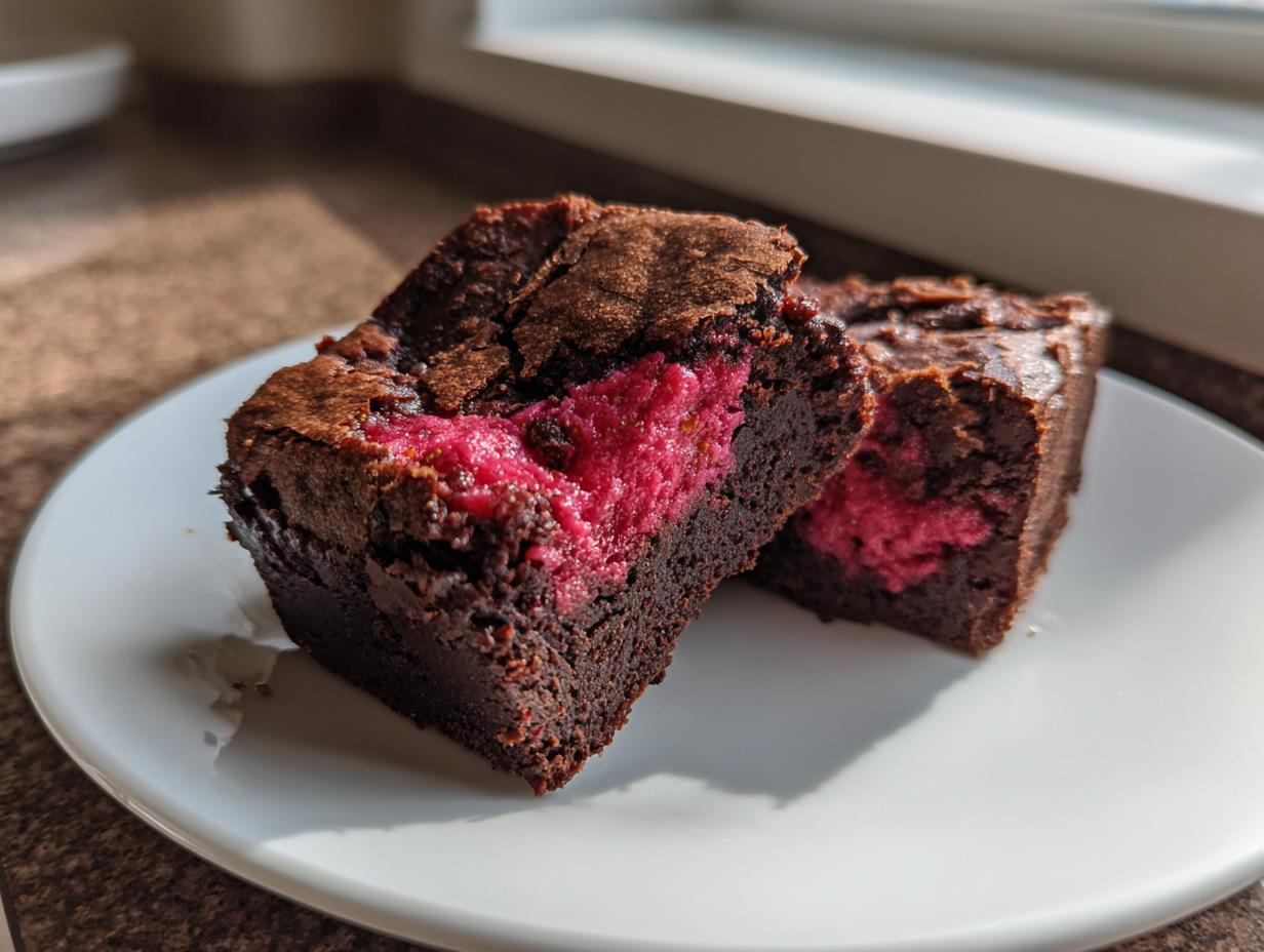 Two fudgy strawberry brownies cut in half showing a vibrant pink strawberry filling inside.