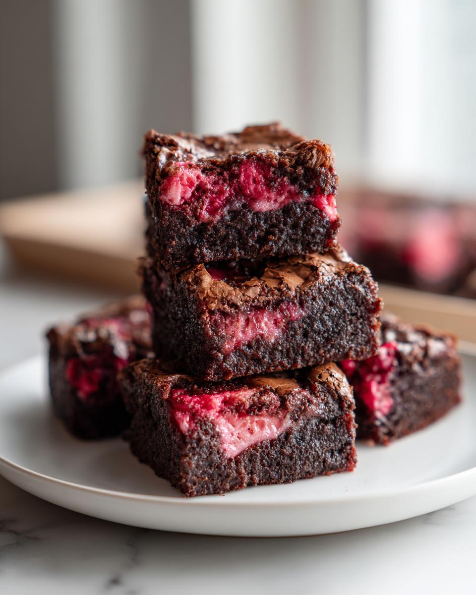 A stack of three fudgy strawberry brownies showing a bright pink strawberry swirl filling inside.