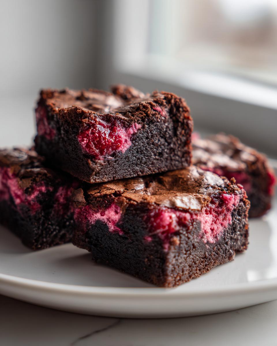 Close-up of fudgy strawberry brownies stacked on a white plate, showing rich chocolate and bright pink fruit swirls.