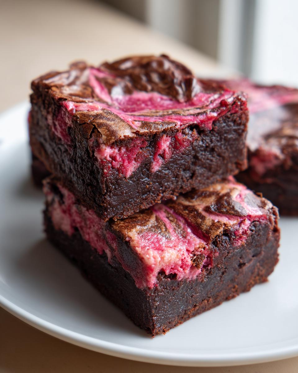 Two fudgy strawberry brownies stacked on a white plate showing the rich chocolate base and pink strawberry swirl topping.