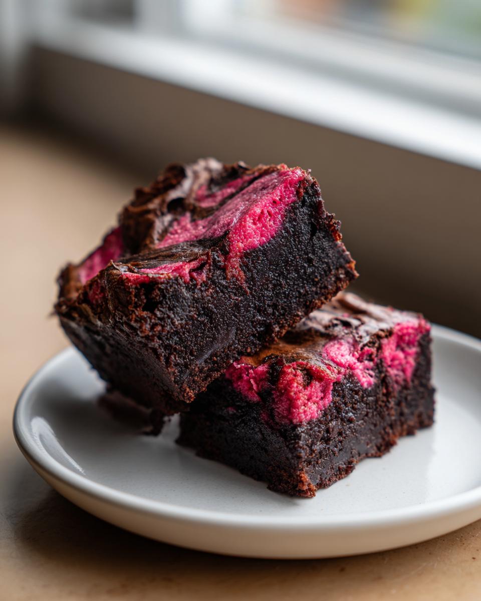Two fudgy strawberry brownies stacked on a white plate, showing a rich dark chocolate base and bright pink strawberry swirl.