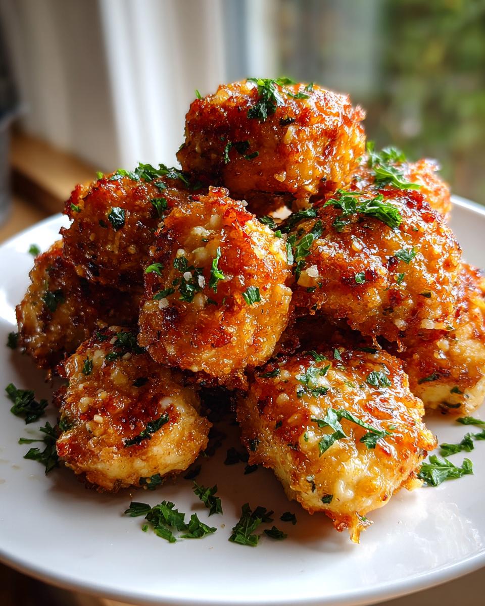 A close-up stack of golden brown, glazed chicken bites topped with minced garlic and fresh parsley.
