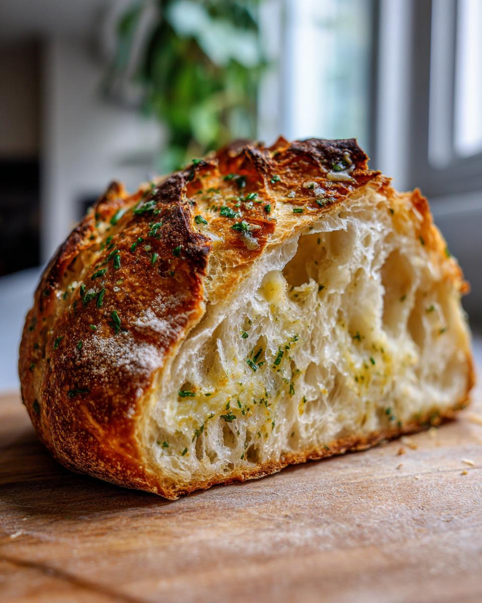 Close-up of a freshly baked artisan bread loaf cut in half, showing open crumb and garlic butter filling.