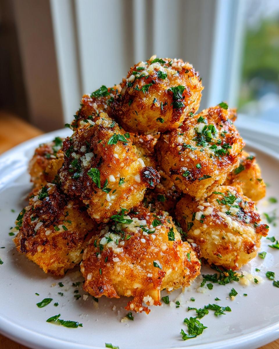 A stack of perfectly golden brown, crispy chicken bites topped with grated parmesan cheese and fresh parsley.