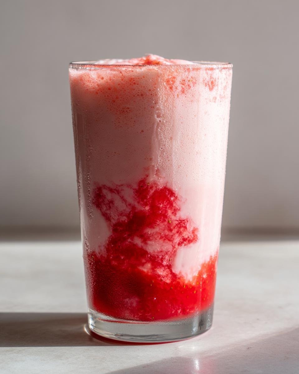 A tall glass showing layers of bright red strawberry puree mixing into frothy pink strawberry milk.