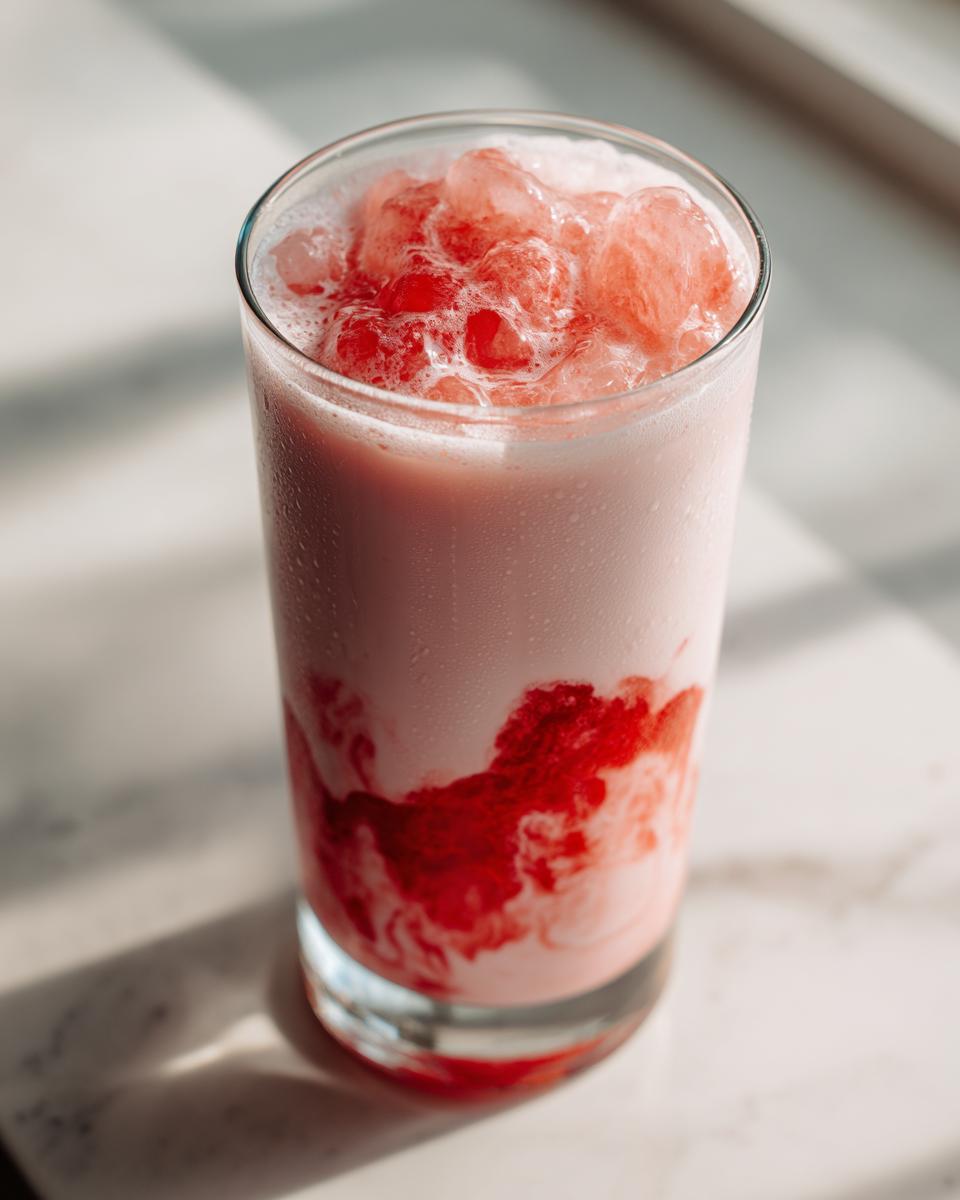 Close-up of a tall glass filled with homemade strawberry milk, featuring a swirl of red syrup at the bottom and topped with ice.