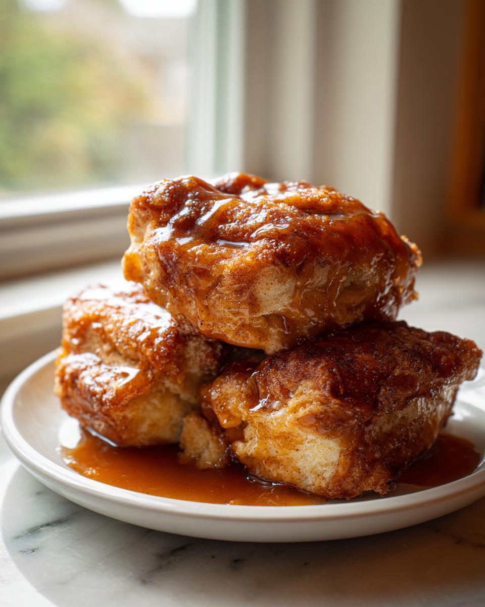 Three baked apple dumpling pieces stacked on a white plate, drenched in rich caramel sauce.