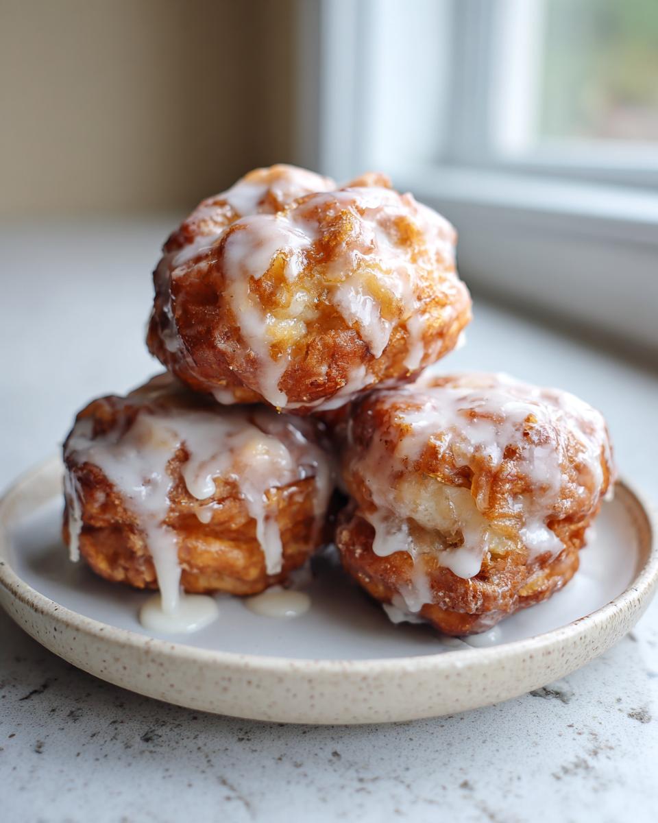 Three golden brown baked apple fritters drizzled with thick white glaze stacked on a small speckled plate.
