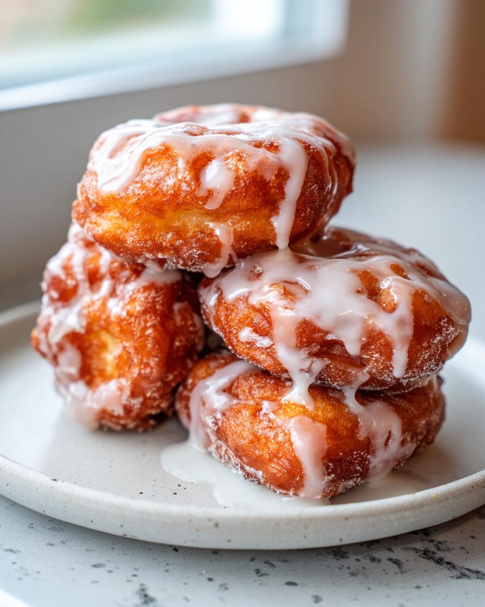 A stack of four golden brown baked apple fritters generously drizzled with white glaze.