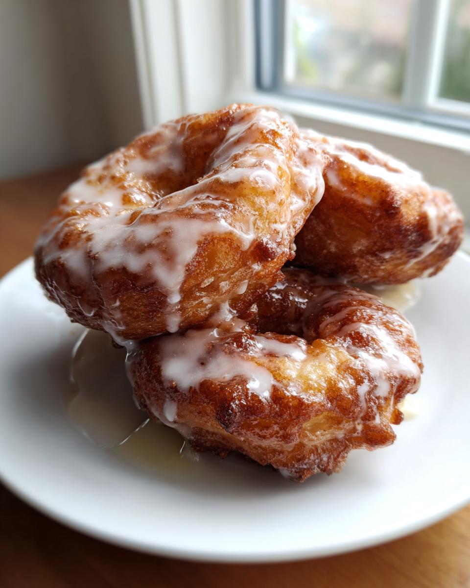 Three golden brown baked apple fritters drizzled generously with white glaze, stacked on a white plate.