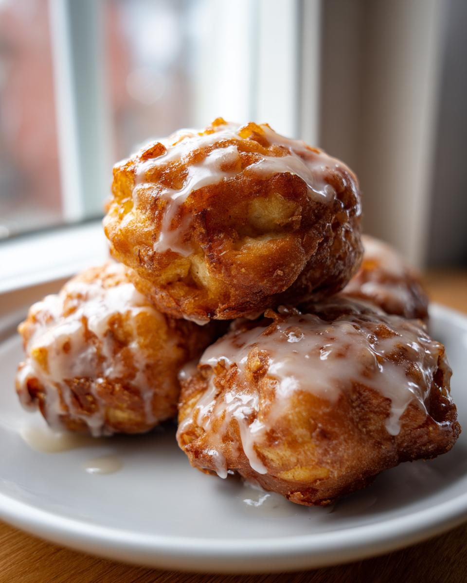 A stack of golden brown baked apple fritters generously drizzled with white glaze, sitting on a light gray plate.