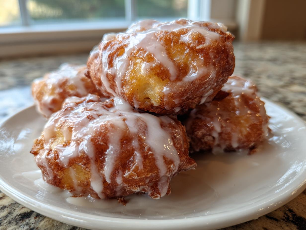 A stack of golden brown baked apple fritters generously drizzled with white vanilla glaze.