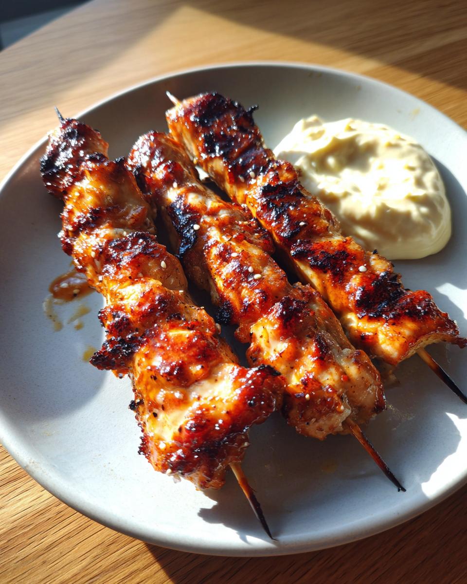 Three perfectly grilled and glazed chicken skewers served on a plate next to a dollop of creamy sauce.