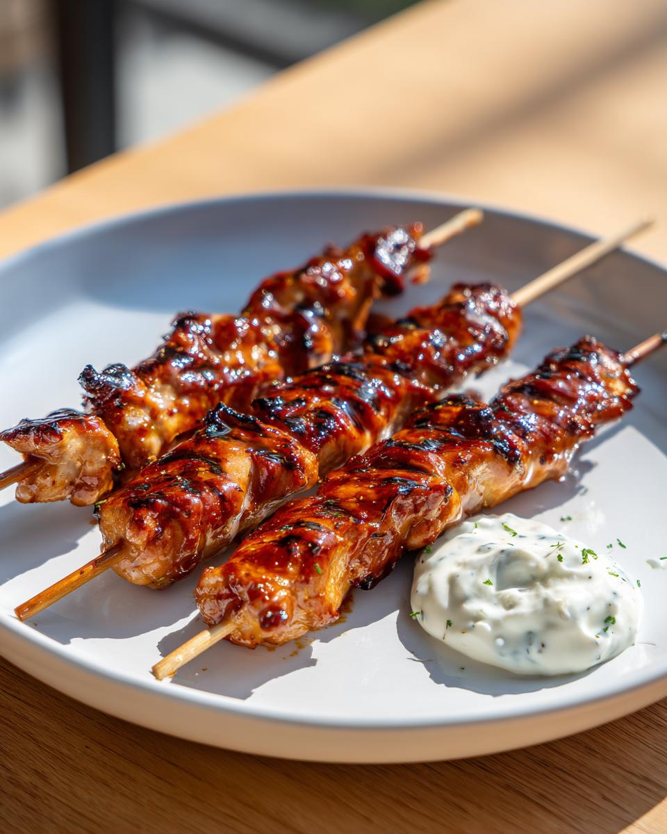 Three perfectly grilled, glazed chicken skewers served on a white plate next to a dollop of creamy sauce.