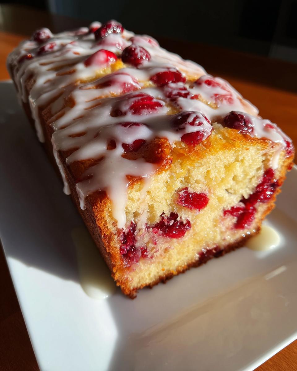 A moist slice of cranberry orange bread topped with a white glaze and whole cranberries.