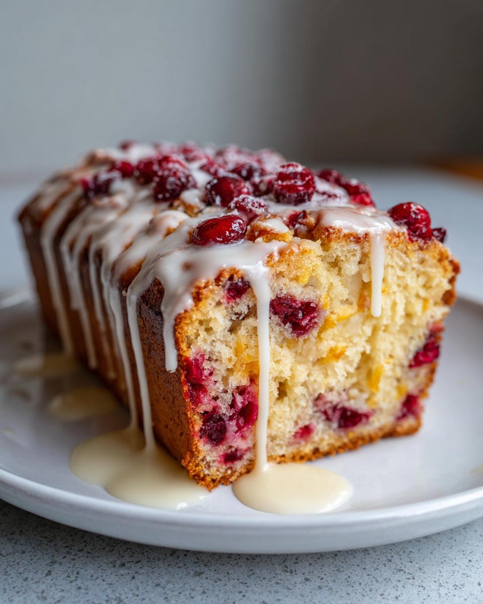 Close-up of a moist cranberry orange bread loaf drizzled heavily with white glaze and topped with fresh cranberries.