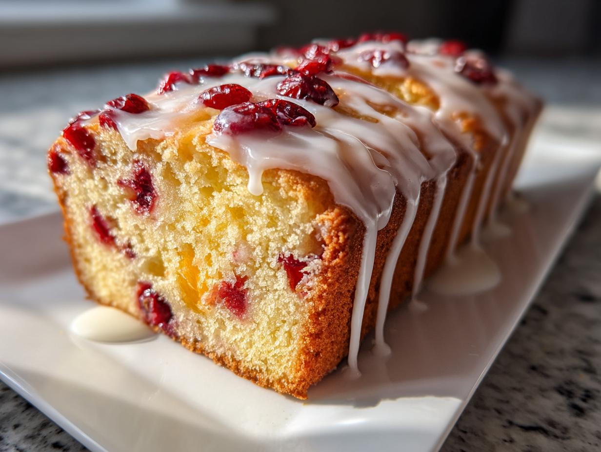 A close-up of a freshly baked cranberry orange bread loaf drizzled with white glaze and topped with dried cranberries.