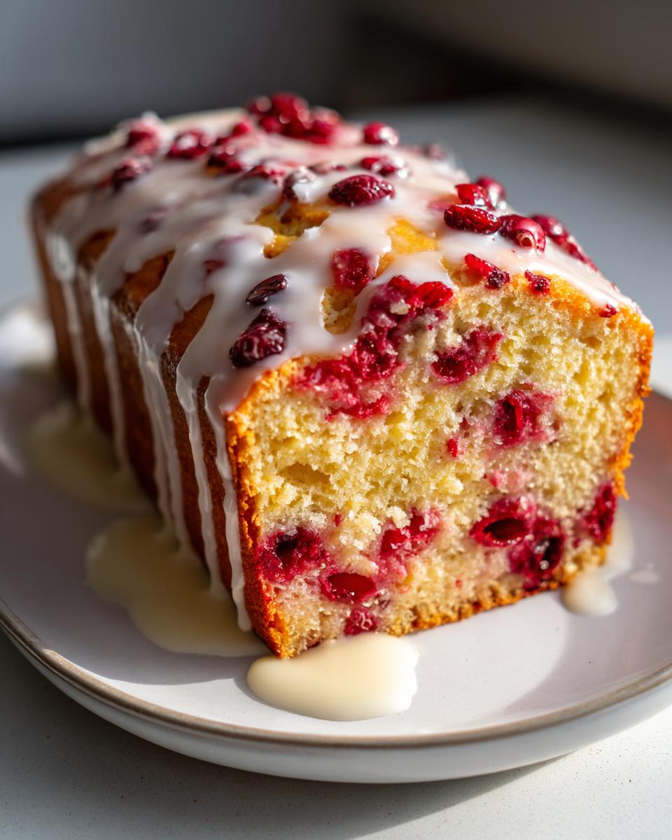 A close-up of a slice of moist cranberry orange bread topped with white glaze and dried cranberries.
