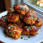 A stack of golden brown, glazed chicken bites topped with grated cheese and fresh parsley.