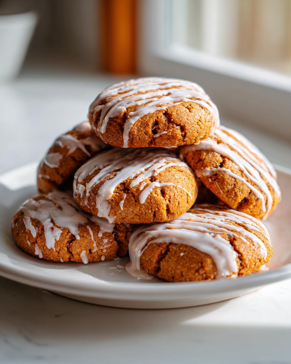 A stack of freshly baked, orange-hued persimmon cookies drizzled with white icing, sitting on a white plate.