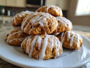 A close-up stack of freshly baked persimmon cookies drizzled generously with white vanilla icing.