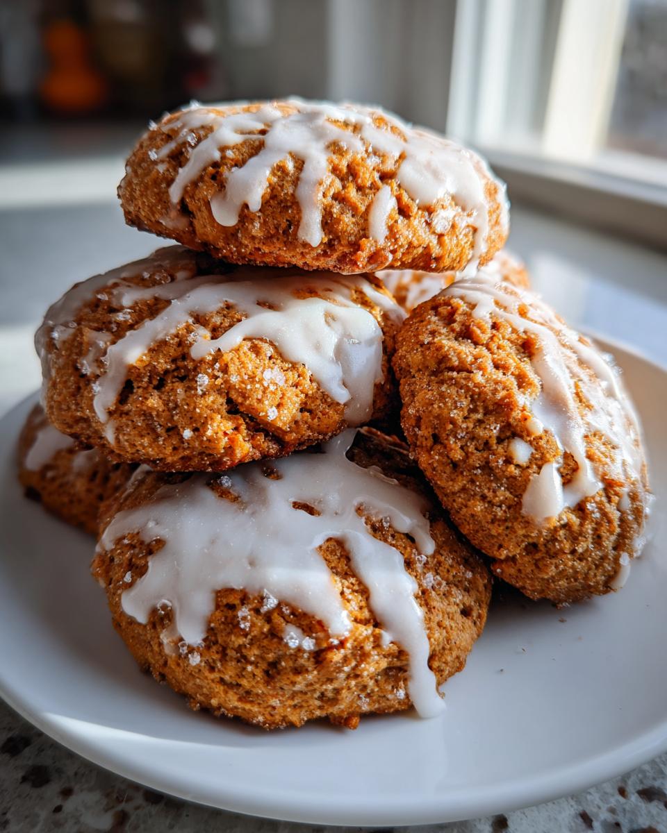 A stack of freshly baked, orange-hued persimmon cookies topped with a thick white glaze.