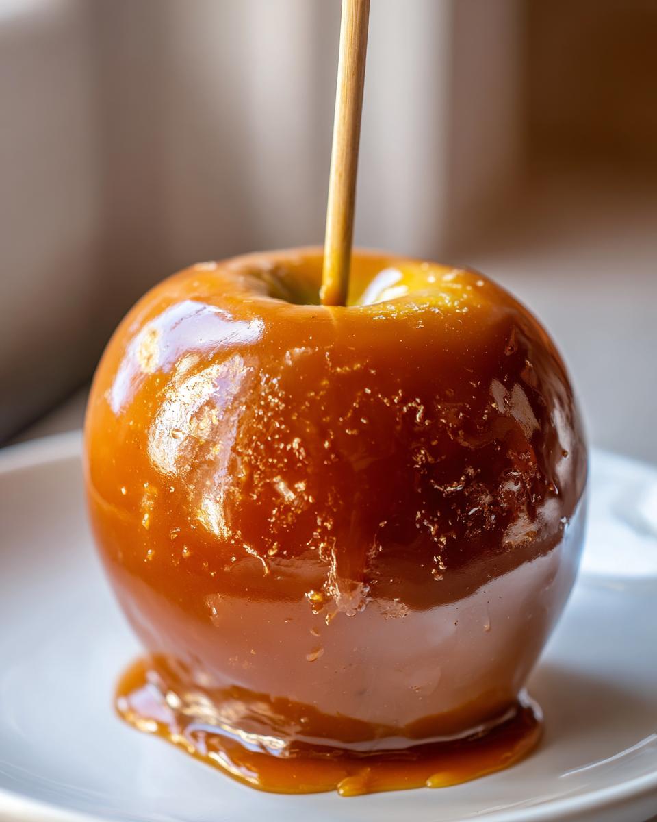 Close-up of a glossy, freshly made caramel apple with a wooden stick, resting on a white plate.