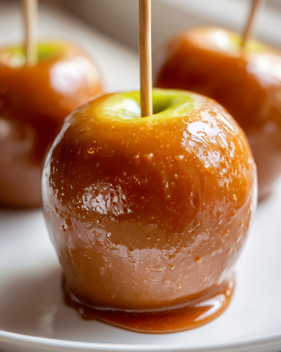 A close-up shot of a glossy, freshly made caramel apple on a white plate, showing the thick caramel coating and wooden stick.