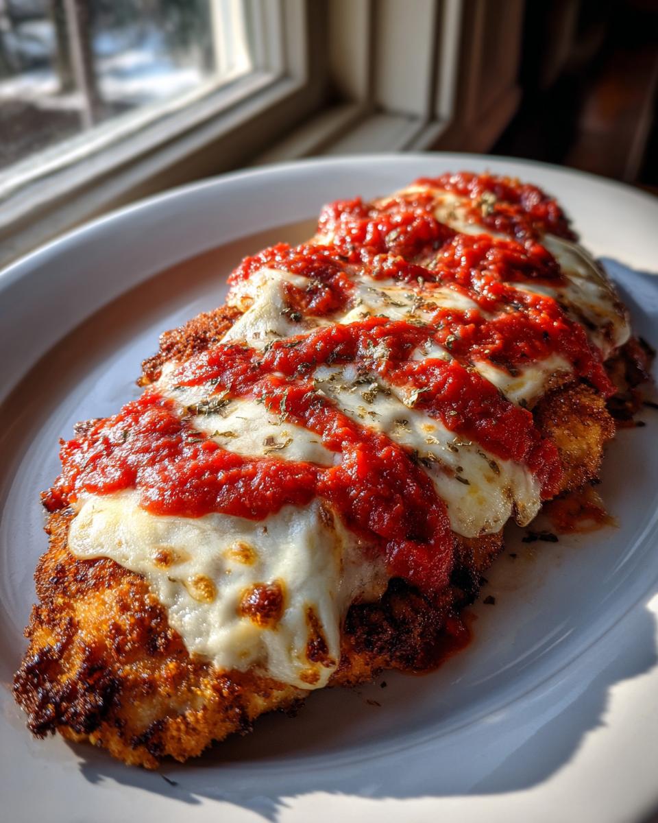 Close-up of golden, breaded chicken parmesan recipe fillets topped with melted mozzarella and rich tomato sauce.