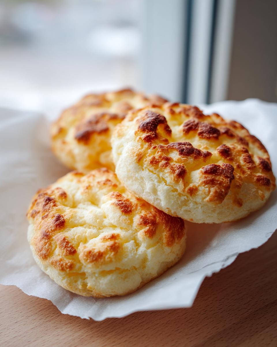 Three golden brown, fluffy cloud bread buns resting on white parchment paper.