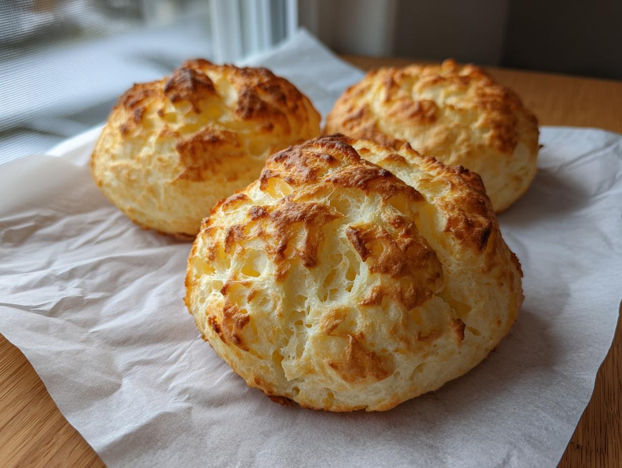 Three freshly baked, golden brown cloud bread buns resting on white parchment paper near a window.