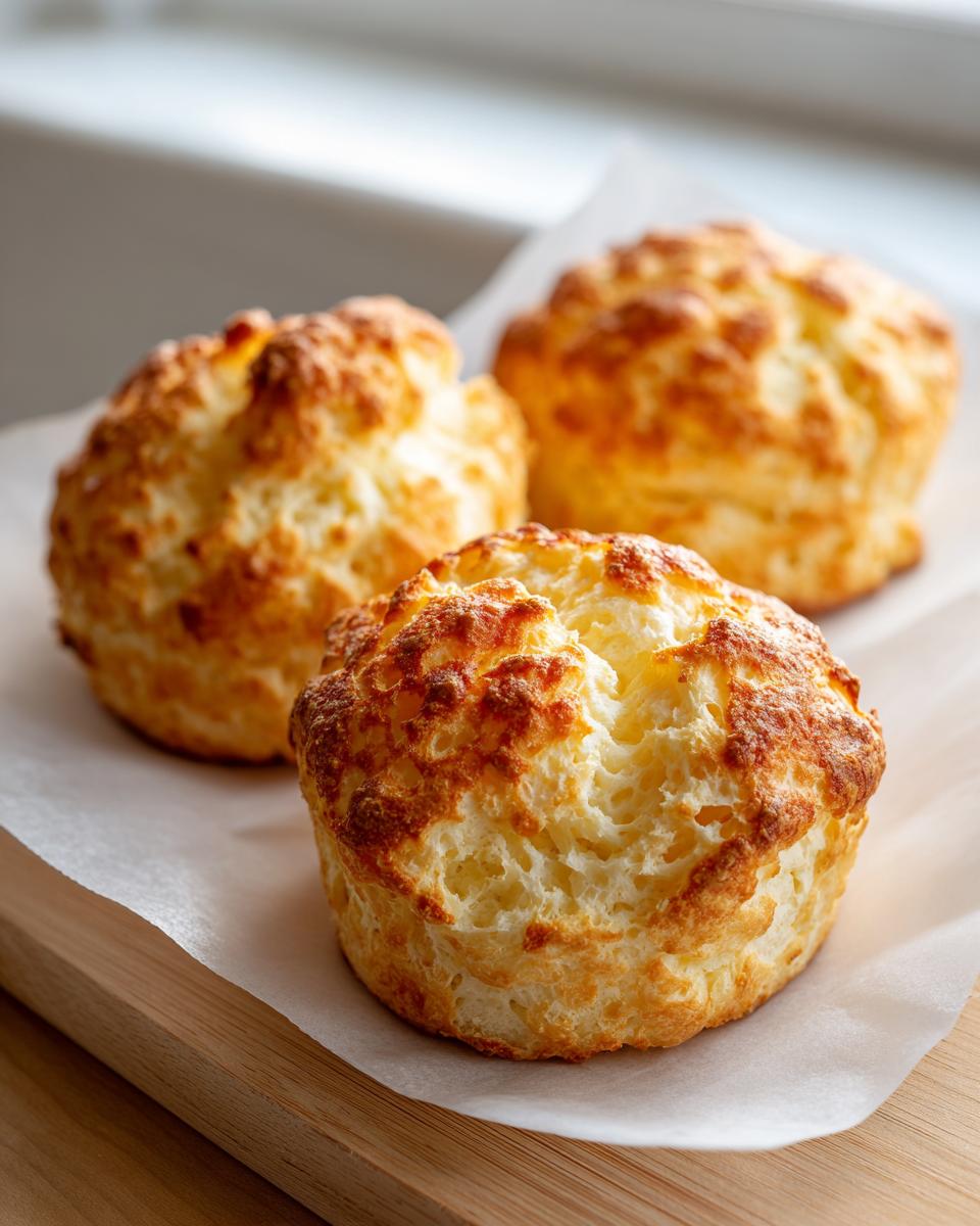 Three freshly baked, golden-brown cloud bread muffins resting on white parchment paper on a wooden board.