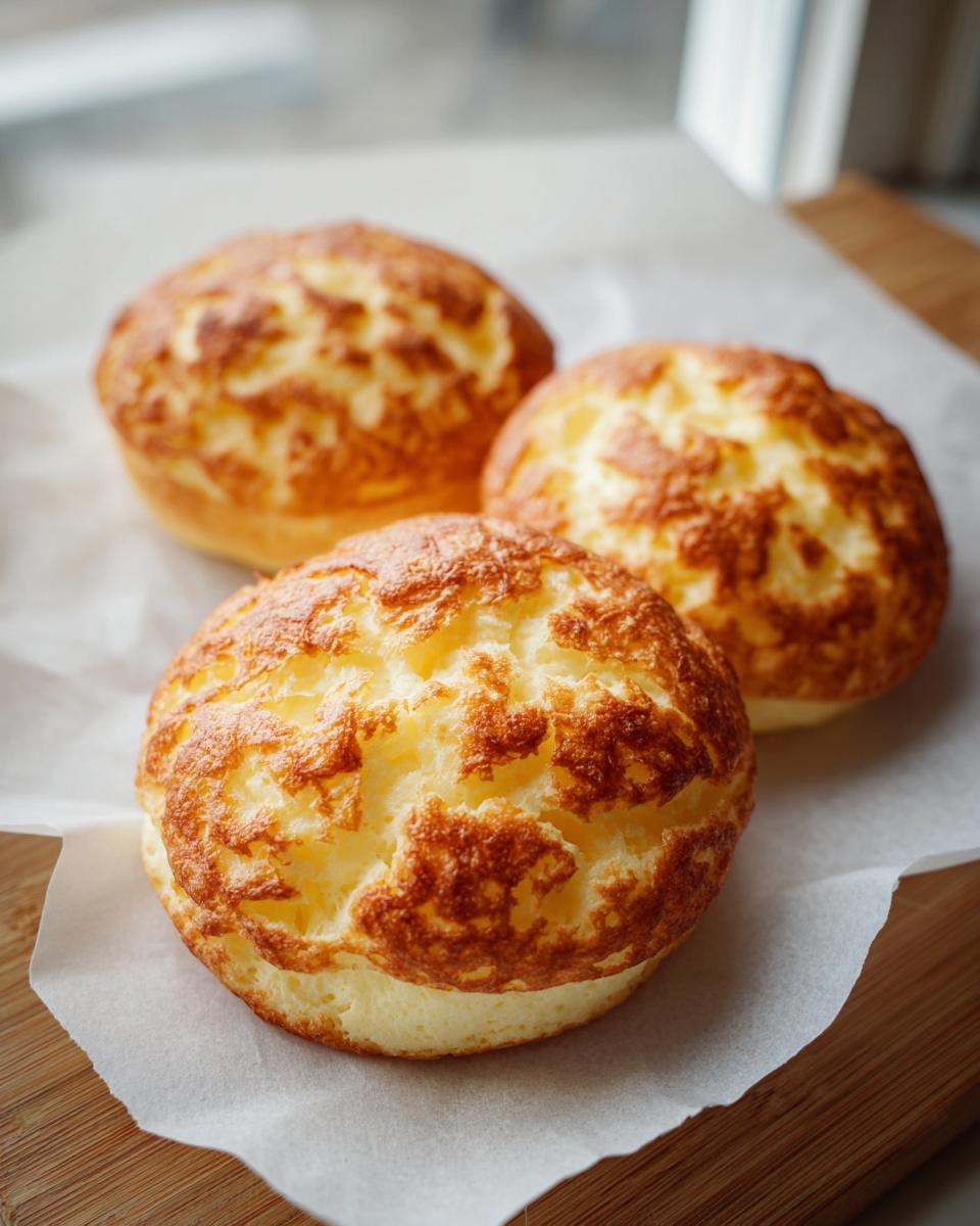 Three freshly baked, golden brown cloud bread muffins resting on parchment paper.