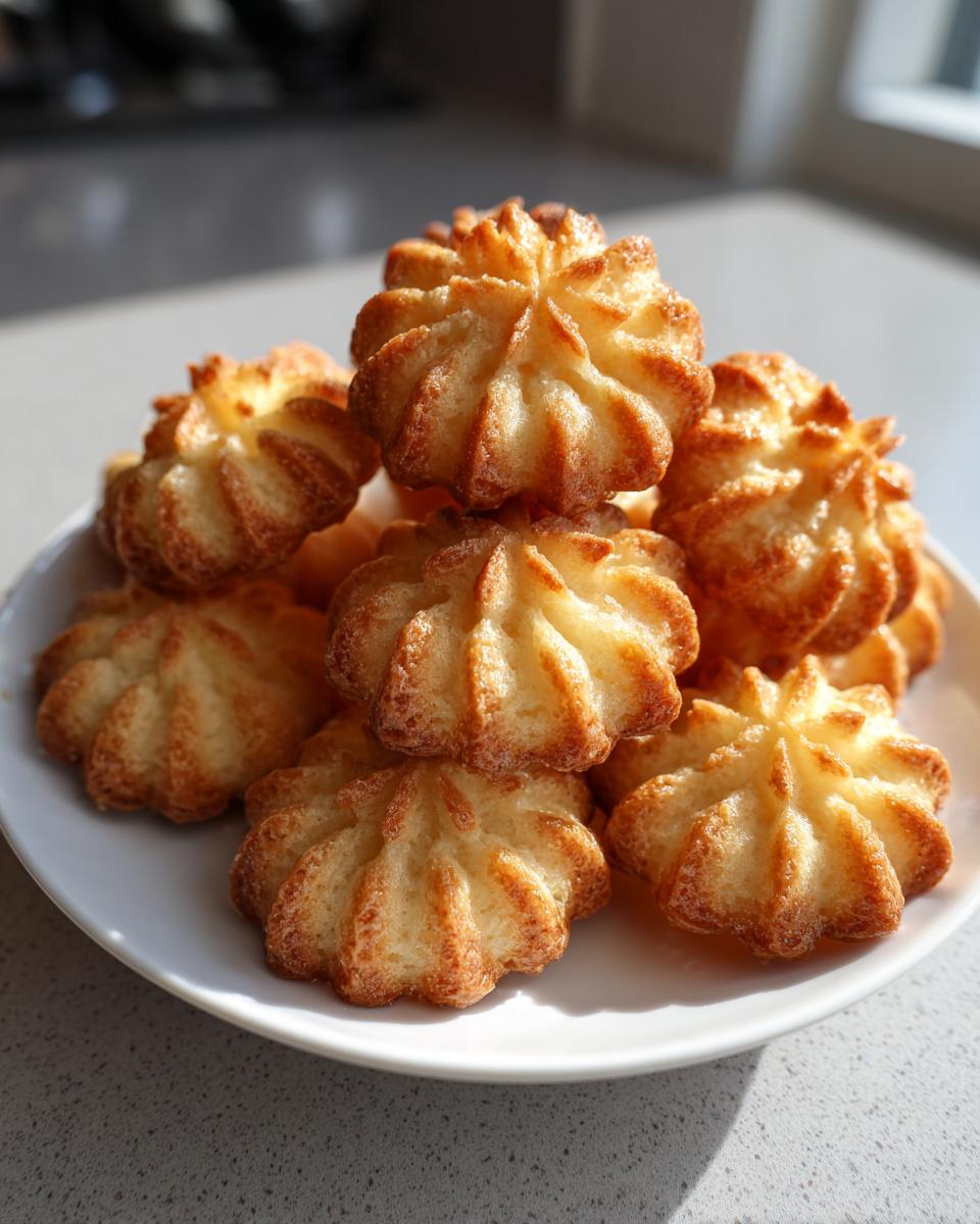 A stack of freshly baked, golden brown piped butter cookies with ridged edges, sitting on a white plate.