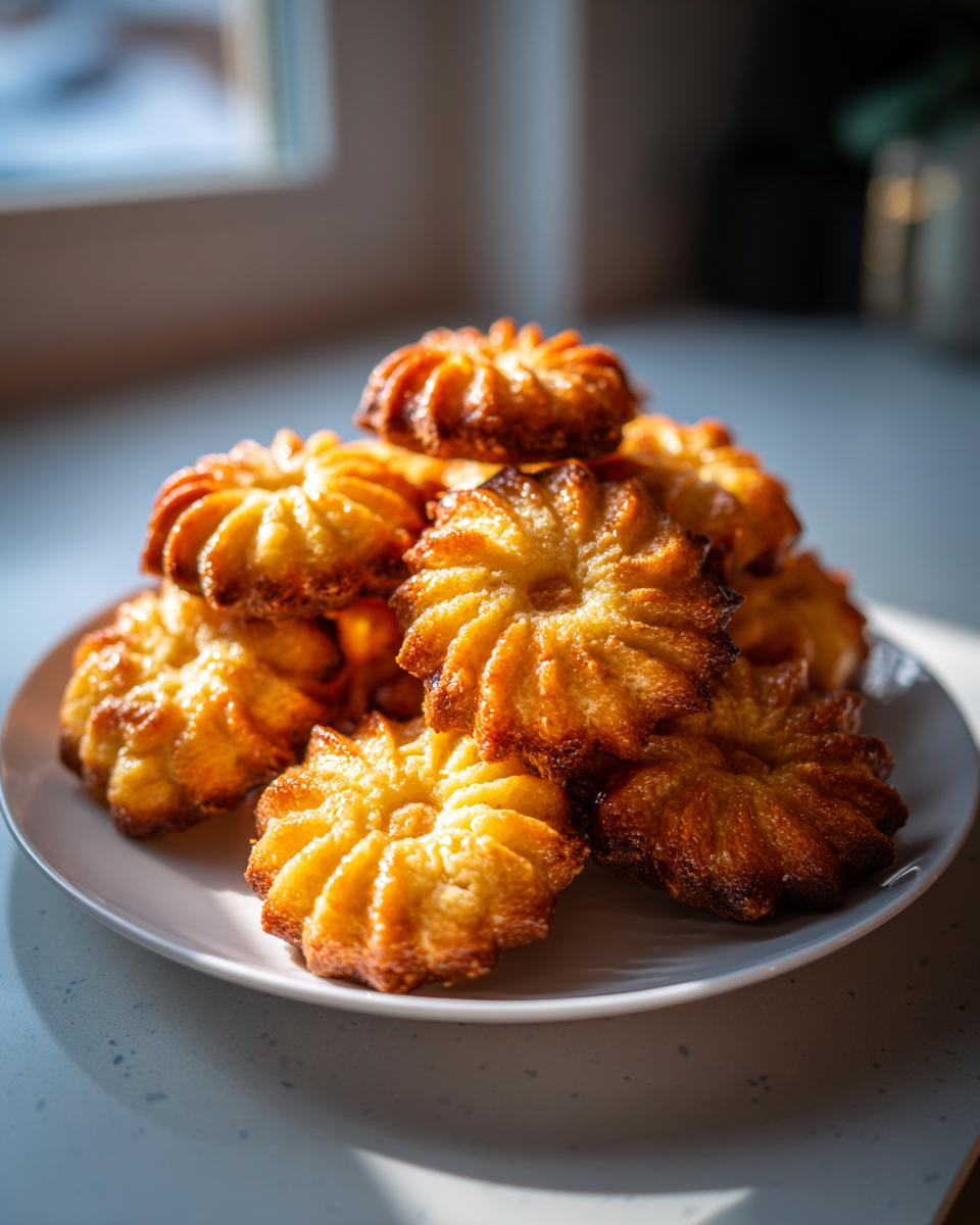 A stack of freshly baked, golden brown butter cookies with ridged edges piled high on a white plate.