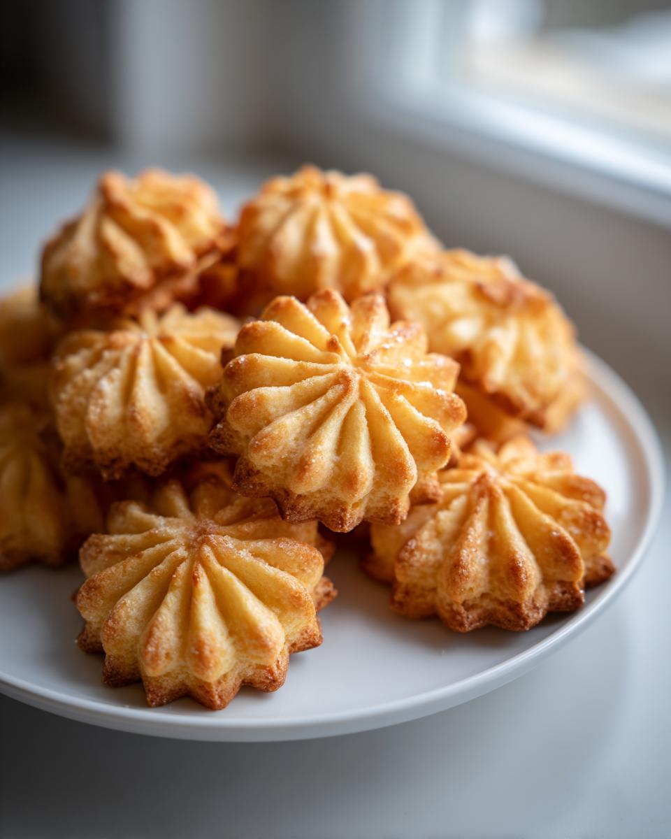 A close-up of several golden, star-shaped piped butter cookies stacked on a white plate near a window.