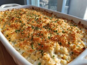 Close-up of a creamy, baked popper dip topped with golden breadcrumbs and fresh chives.