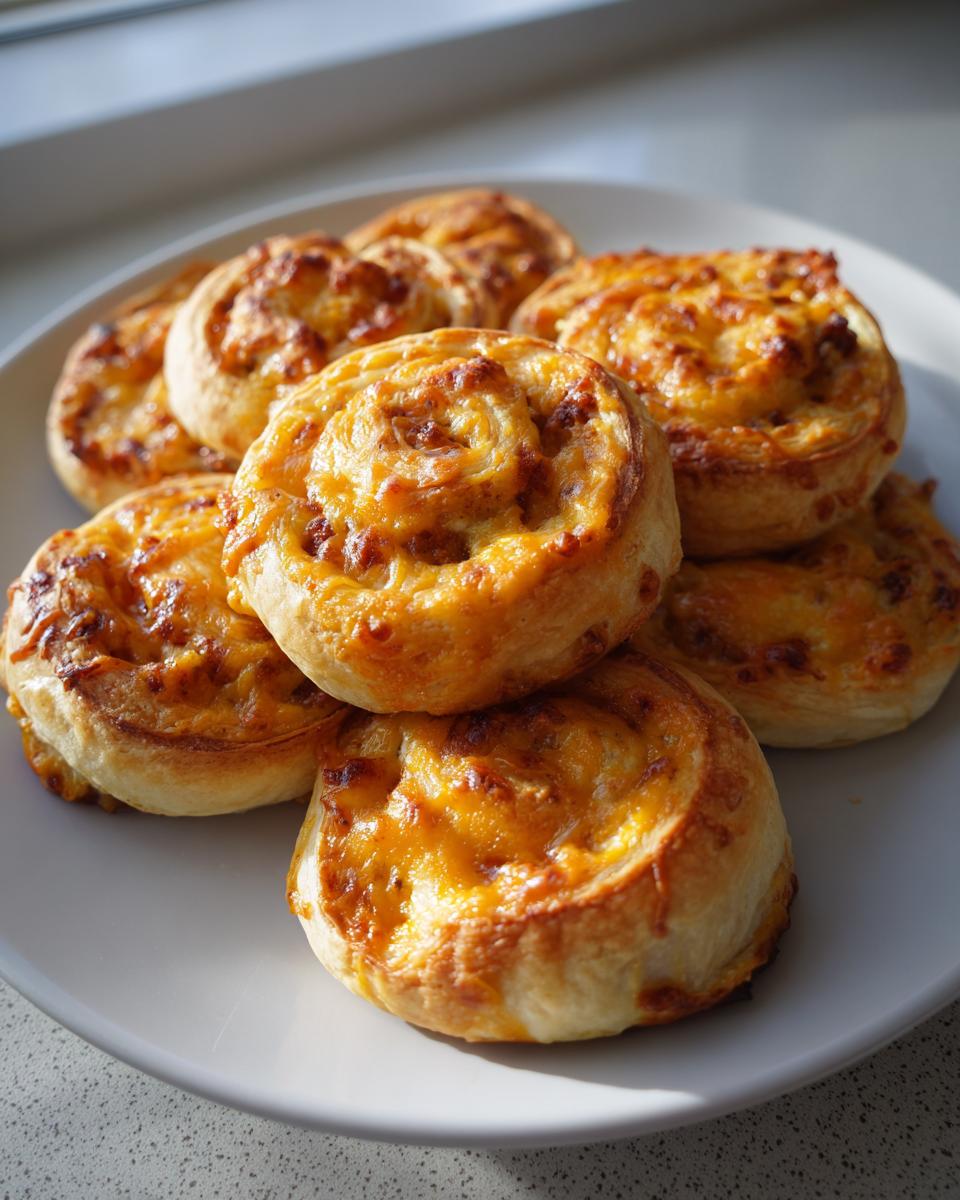 A pile of freshly baked, golden brown sausage pinwheels topped with melted cheese, served on a white plate.