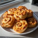 A plate piled high with golden brown, flaky sausage pinwheels, baked until crispy and cheesy.