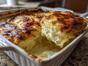 A serving spoon lifts a thick slice of creamy, cheesy scalloped potatoes with a deeply browned top crust from a white baking dish.